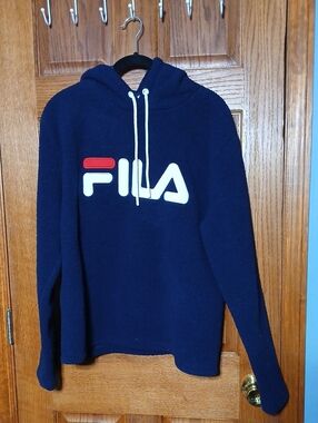 FILA Navy Sherpa Hoodie with White and Red Logo Accents XL